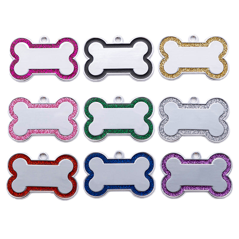 Alloy ID Tags - Large Glitter Outline Bone