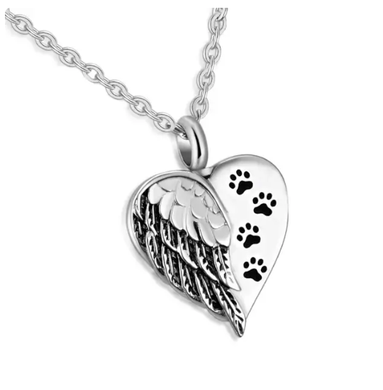 Memorial Pendant - Stainless Steel Cremation Urn - Heart Paw Prints