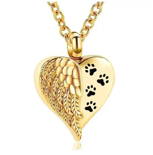 Memorial Pendant - Stainless Steel Cremation Urn - Heart Paw Prints