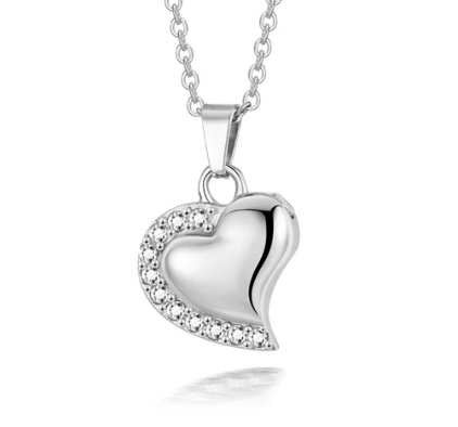 Memorial Pendant - Stainless Steel Cremation Urn - Cubic Zirconia Heart